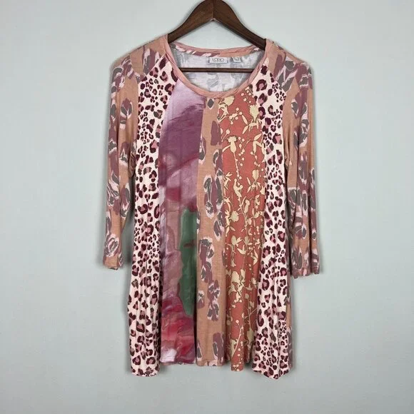 LOGO Lori Goldstein Tunic Top Womens Small Mixed Print Twisted Neck 3/4 Sleeve S - Picture 1 of 11